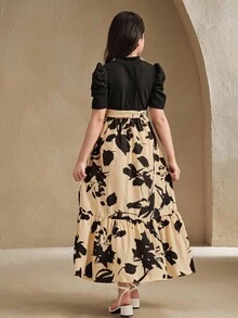 SHEIN Tween Girl Casual Printed Pattern Cinched Waist Dress, Suitable For Daily Wear And Commuting - Multicolor - View 2