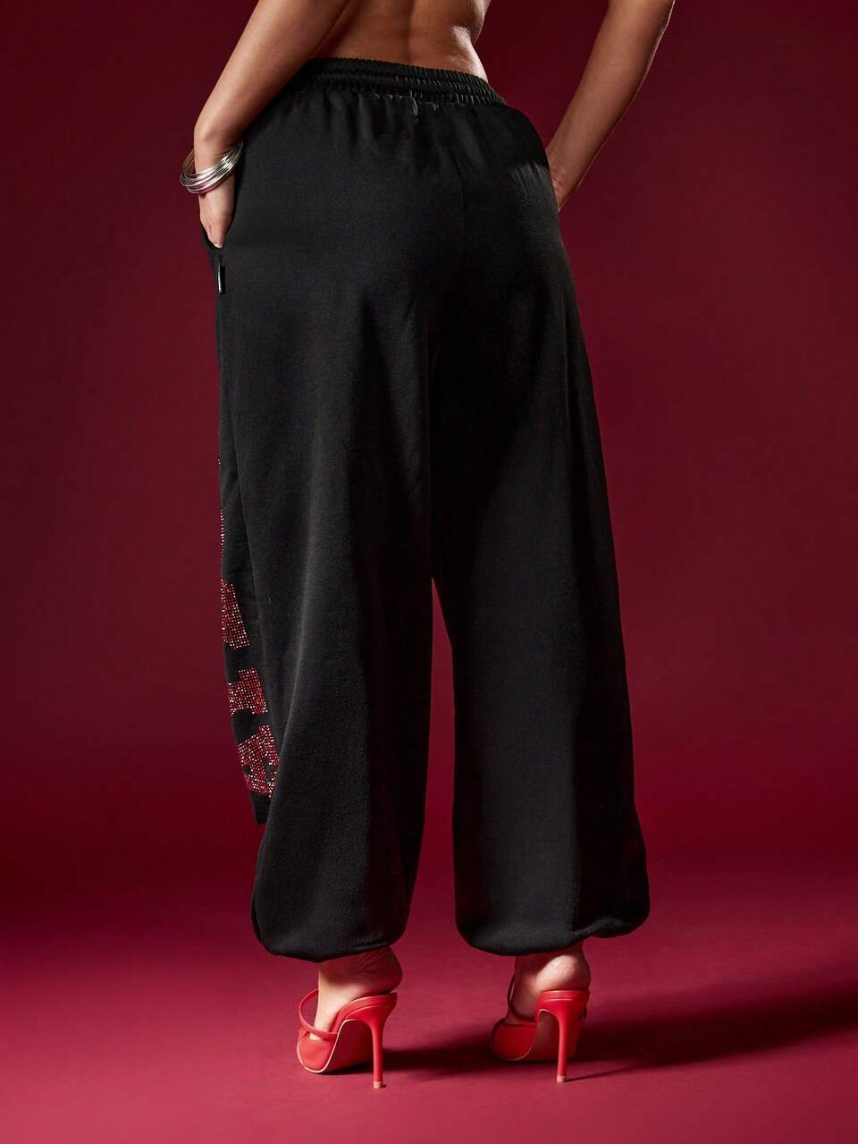 Missguided x Playboy Diamante Cuffed Joggers For Women Sparkly Rhinestone Sweatpants With Elastic Waist And Side Pockets