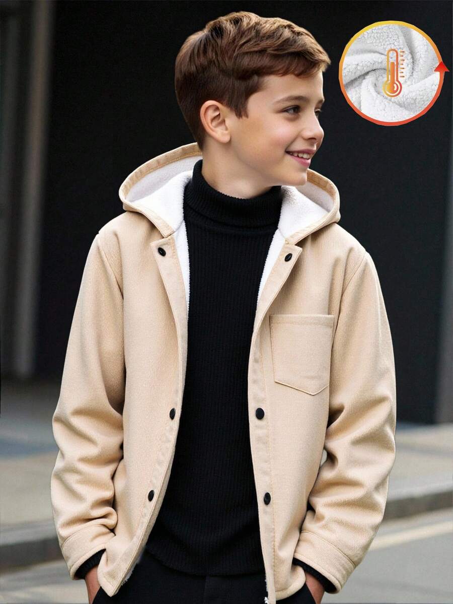 SHEIN 男童休闲韩版可爱胸贴袋保暖防风外套,适合上学、花园、海滩、生日等场合,春、夏、秋、冬皆宜,男童冬季外套,男童灯芯绒外套,男童保暖外套,男童秋季外套 - 卡其色 - 查看 1