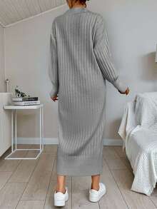EURMUSE Váy len dài tay cổ chữ V màu trơn thường ngày cho nữ, mùa thu/đông - Xám - Xem 2