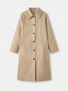 lacRébo Beige Oversized Trench Coat With Button Front Opening And Check Lining Fall Spring Summer Coat Old Money Style Luxury Premium - Apricot - View 9