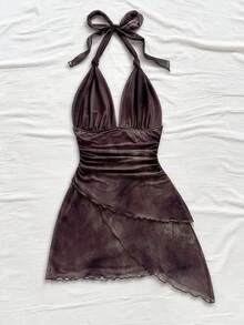 Soleia Váy ngắn ngày lễ lãng mạn cổ chữ V buộc dây phối lưới xếp nếp cổ điển ombre gợi cảm dành cho nữ - màu nâu - Xem 8