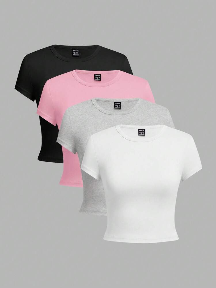 SHEIN EZwear 4pcs/Set Black, Apricot, Pink, White Casual Round