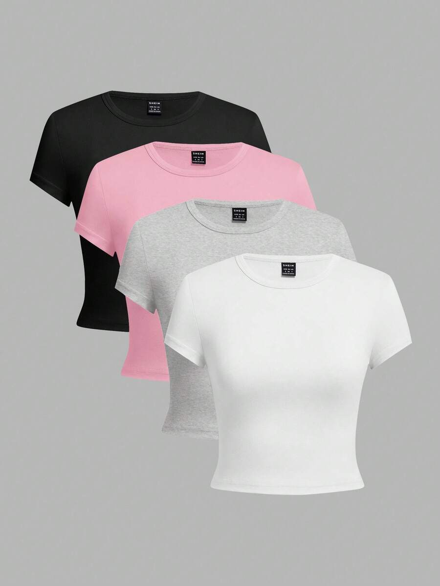 SHEIN EZwear 4pcs/Set Black, Pink, Gray, White Casual Round Neck Short Sleeve Fitted Women T-Shirts, Suitable For Summer - Multicolor - View 1