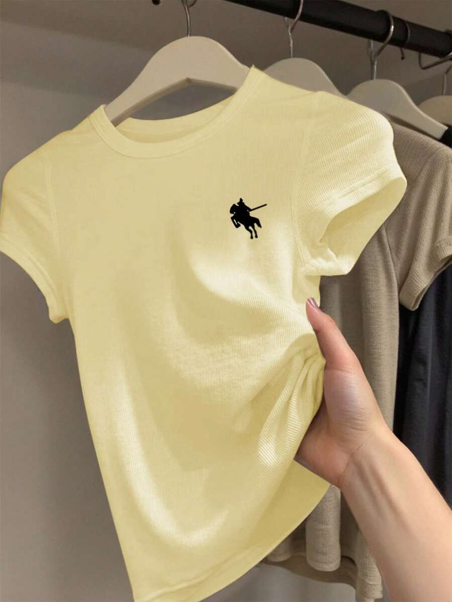 INAWLY Women's Casual Knight Print Short Sleeve T-Shirt, Summer - Yellow - View 1