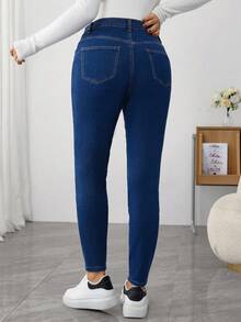 SHEIN 孕妇休闲水洗高腰修身牛仔裤 - 深色水洗藍 - 查看 2