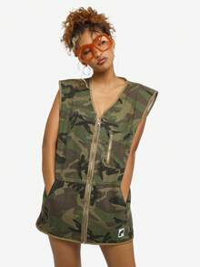 SUMWON WOMEN Cotton Women Camouflage Utility Vest Military Style Mini Dress Length Sleeveless Zip Front Fashion Outerwear Jacket Fall Winter Streetwear Modern Design With Matching Boots - Army Green - View 5
