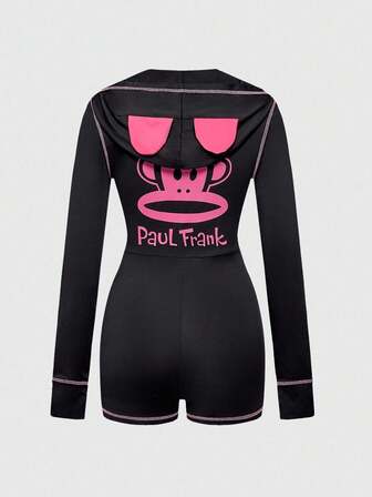 Paul Frank X ROMWE Tuta da pigiama con cappuccio, con grafica a contrasto di cartoni animati e lettere, con bottoni frontali, adatta per primavera/estate/autunno/inverno