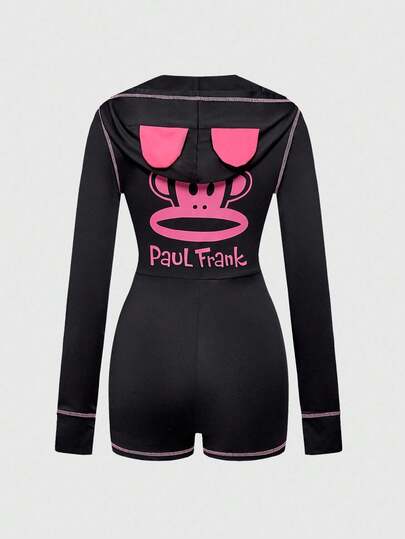 Paul Frank X ROMWE Women's Cartoon & Letter Graphic Contrast Stitch Button Front Hooded Pajama Jumpsuit, Spring/Summer/Autumn Fall Winter Clothes