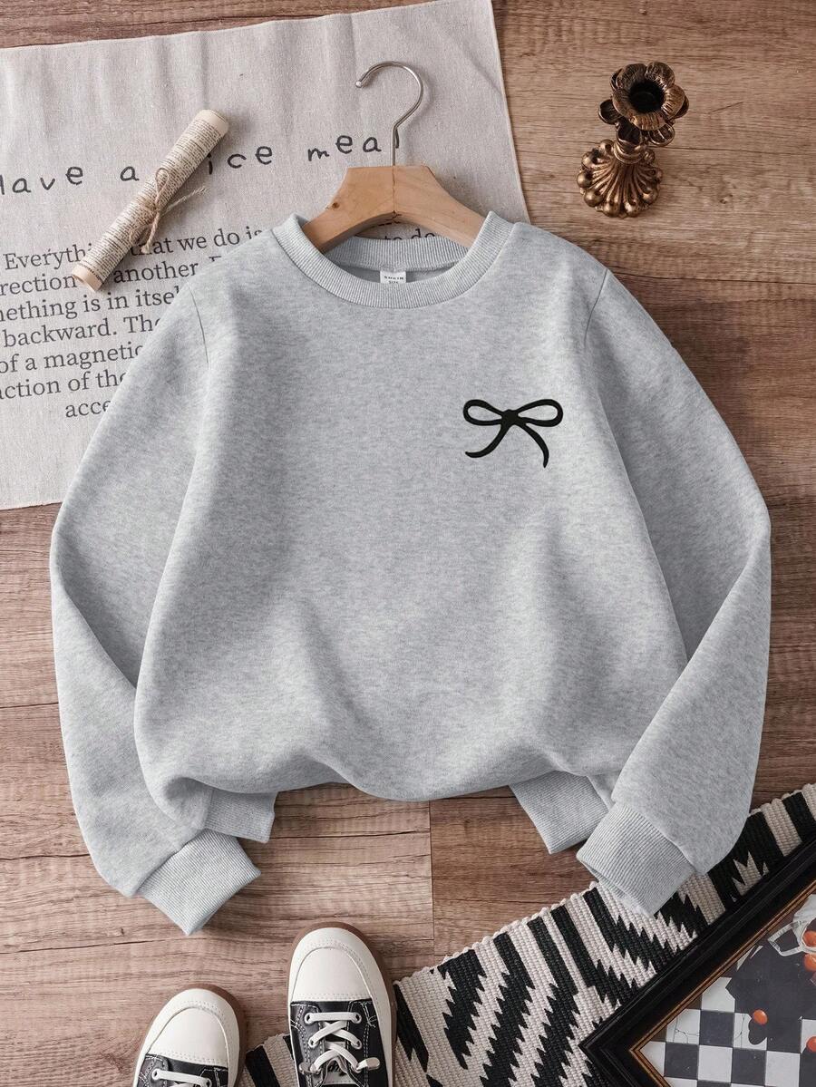 Sparklyn Young Girl Casual Comfortable Fashion Minimalist Cute Bow Pattern Thermal Lined Crew Neck Long Sleeve Pullover Sweatshirt, Fall