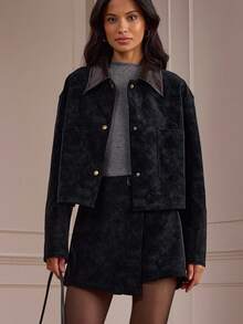 Women's Casual Commuter Washed Vintage Jacket, Loose Fit Metal Button Pockets In Fall/Winter - Black - View 8