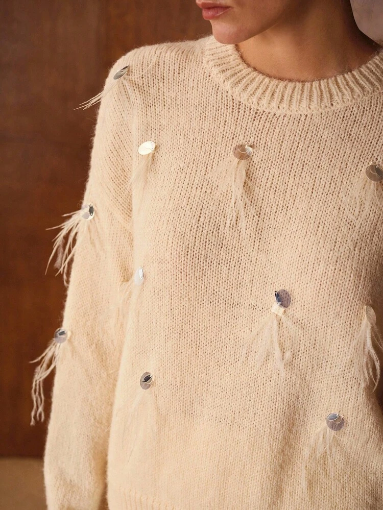 SEQUINS FAUX FUR DETAIL DROP SHOULDER OVERSIZE SWEATER