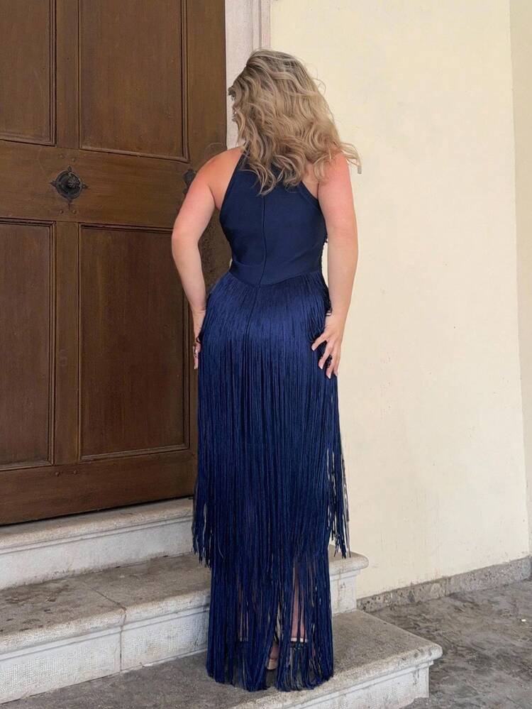 Jeta Ari Robe longue élégante et vintage bohème à franges, convient pour le printemps/été, les vacances, les festivals, la plage, les fêtes, Pâques - Bleu marine - Voir 2