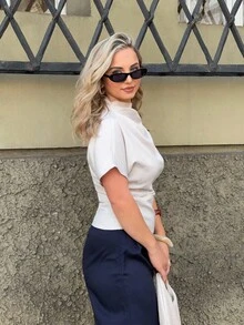 Jeta Ari 夏季皱领不对称袖侧褶收腰通勤米色竹纤维亚麻衬衫，适合所有季节 - 杏色 - 查看 6