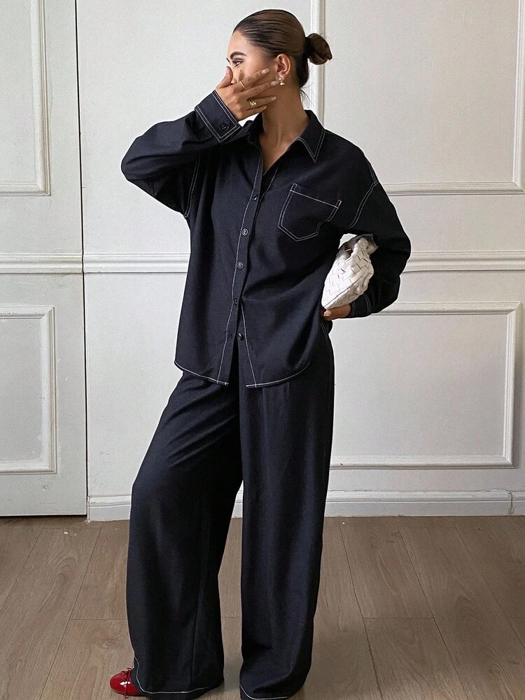 Women's Solid Color Drop Shoulder Long Sleeve Single-Breasted Shirt And Pants Casual 2-Piece Set, Autumn Lounge Sets For Women