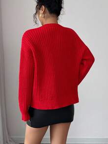 SHEIN Clasi Women's Autumn Elegant Red Beaded Embellishment Loose Knit Sweater,Casual Pullover Top For Tea Party,Christmas,Streetwear,Vintage,Versatile Knitwear - Red - View 2