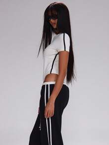 MUSERA Contrast Stripe Binding Slinky Fitted Short Sleeve Bodysuit Cute Autumn Fall Teacher Back To School Casual Work Streetwear Sporty Work Wear Corporate Run  Evening Spring - White - View 3