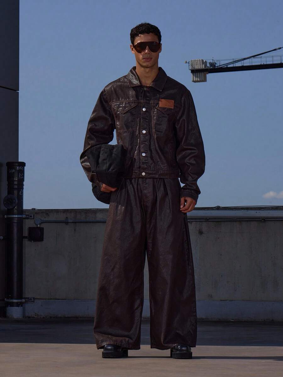 Musero Wide Barrel Leg Waxy Denim Jeans Bottoms Only Fall/SPRING SUMMER - Brown - View 1