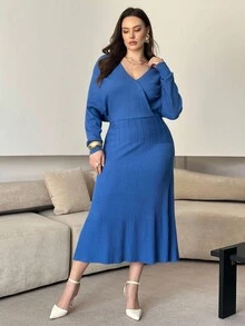 Modelyn Große Größen V-Ausschnitt Fledermausärmel einfarbiges lässiges Pulloverkleid