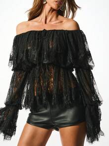 KIZN Off Shoulder Lace Bardot Blouse Long Sleeve Tiered Ruffle Top Evening Outfit