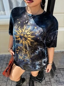 Muchica 加上太阳和月亮印花扎染落肩 T 恤，夏季