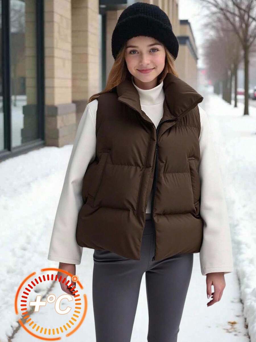 SHEIN 青少年女孩拉链厚背心，带口袋，女士保暖冬季夹克 - 棕色 - 查看 1
