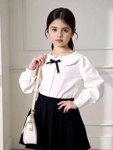 Young Girl's Preppy Style White Cute Long Sleeve Ruffle Collar Blouse And Pleated Skirt Set Fall Winter - Black and White - View 1