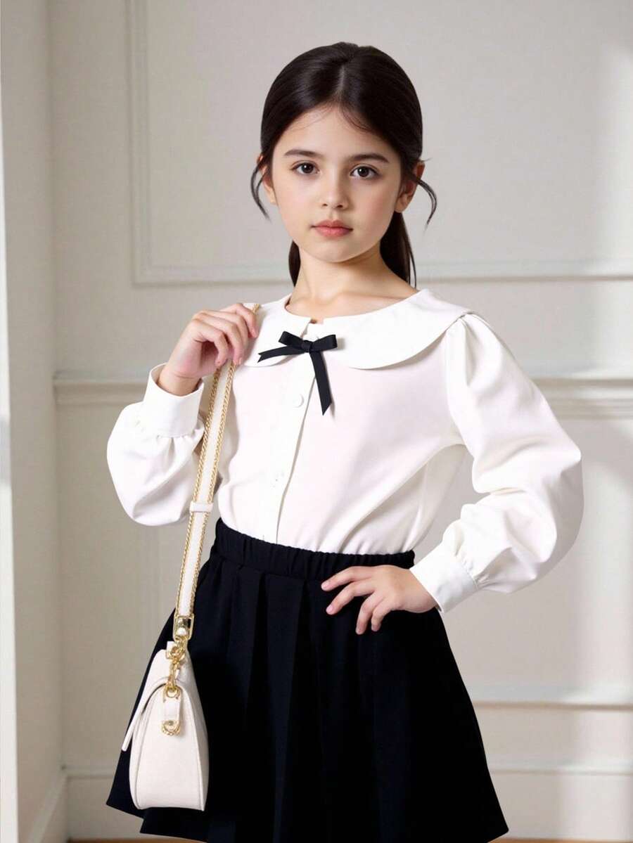 Young Girl's Preppy Style White Cute Long Sleeve Ruffle Collar Blouse And Pleated Skirt Set Fall Winter - Black and White - View 1