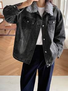 DAZY Women's Fluffy Patchwork Front Button Pocket Long Sleeve Regular Jacket Thermal Lined, Winter Women Coats - Dark Grey - View 2