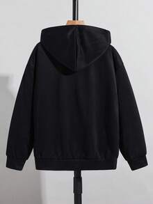 Chaqueta con capucha estilo universitario y parches en los bolsillos, informal y deportiva, adecuada para niños, vuelta al colegio, uso diario, colegio, viajes y deportes, color negro para otoño e invierno - Negro - Ver 2
