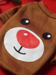 PETSIN 1件宠物圣诞猫狗通用可爱麋鹿图案印花棕色羊毛保暖舒适狗狗圣诞服 - 棕色 - 查看 4