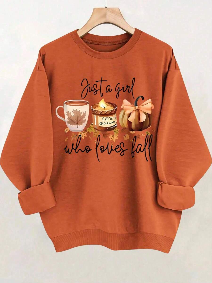 女士休闲宽松圆领长袖运动衫，百搭日常穿着，加大码 - 橘色 - 查看 1