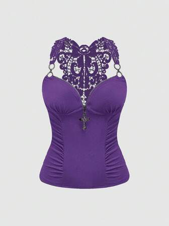 Goth Top sin espalda con patchwork de encaje y decoración de cruz, elegante y con estilo vintage Y2K