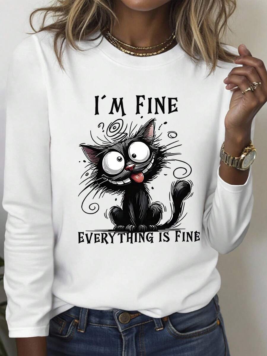 EMERY ROSE Casual Cartoon Slogan Print Long Sleeve T-Shirt, Autumn - White - View 1