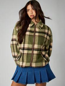MISSGUIDED Cotton Women Plaid Zip Up Bomber Jacket Fall Winter Casual Fleece Green Cropped Check Pattern Outerwear For Teen Girls Y2K Fashion Warm