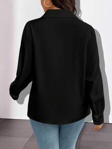 SHEIN Clasi 大码休闲百搭纯色蕾丝拼布衬衫 - 黑色 - 查看 2