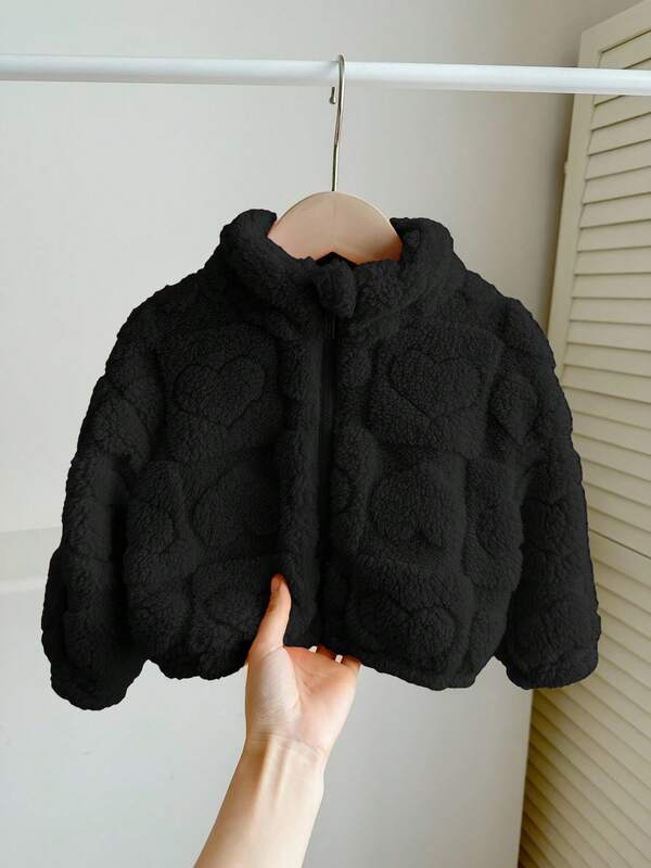 SHEIN LMoss Kids LMoss Baby Girl Cute And Casual Furry Stand Collar Jacket With Heart Pattern, Perfect For Autumn And Winter Fall