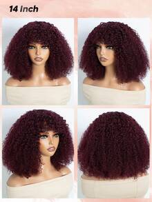 Density Pro 非洲卷发鲍勃假发，带刘海，Cioly 卷发假发，真人发质，酒红色 99J 蓬松卷发鲍勃假发，无胶假发，可穿戴，自然黑色，万圣节服装，红色假发 - S99JC - 查看 9