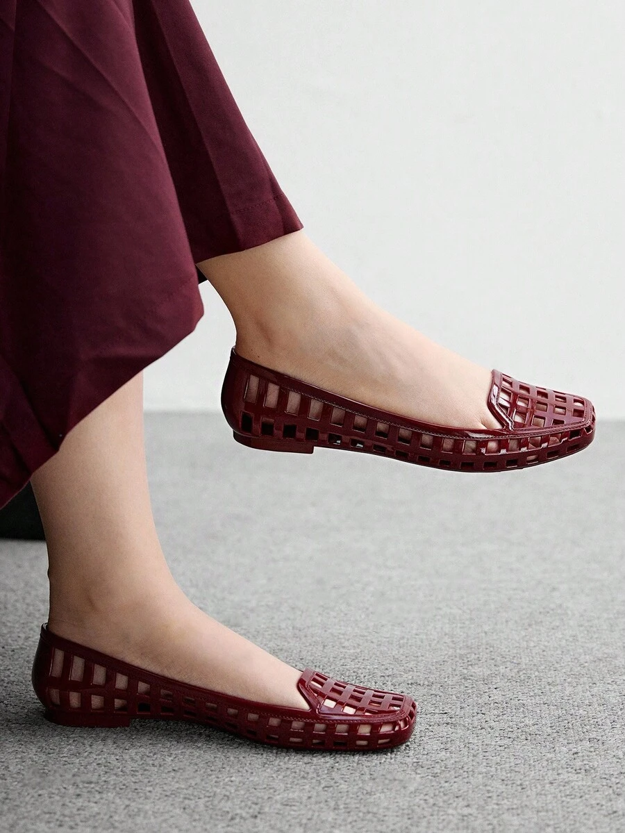 CUCCOO BIZCHIC 女士方头水晶平底凉鞋，时尚海滩度假平底鞋 - 酒紅色 - 查看 1