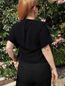 Gretanique Elegant Flared Sleeve Double-Breasted Cardigan, Solid White Simple Casual Shirt - Black - View 2