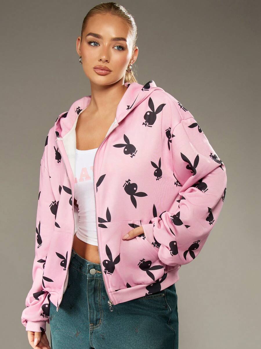 Missguided x Playboy Bunny Logo Print Pullover Sweatshirt With Hood And Centre Pocket For Casual Streetwear Style - Pink - View 1