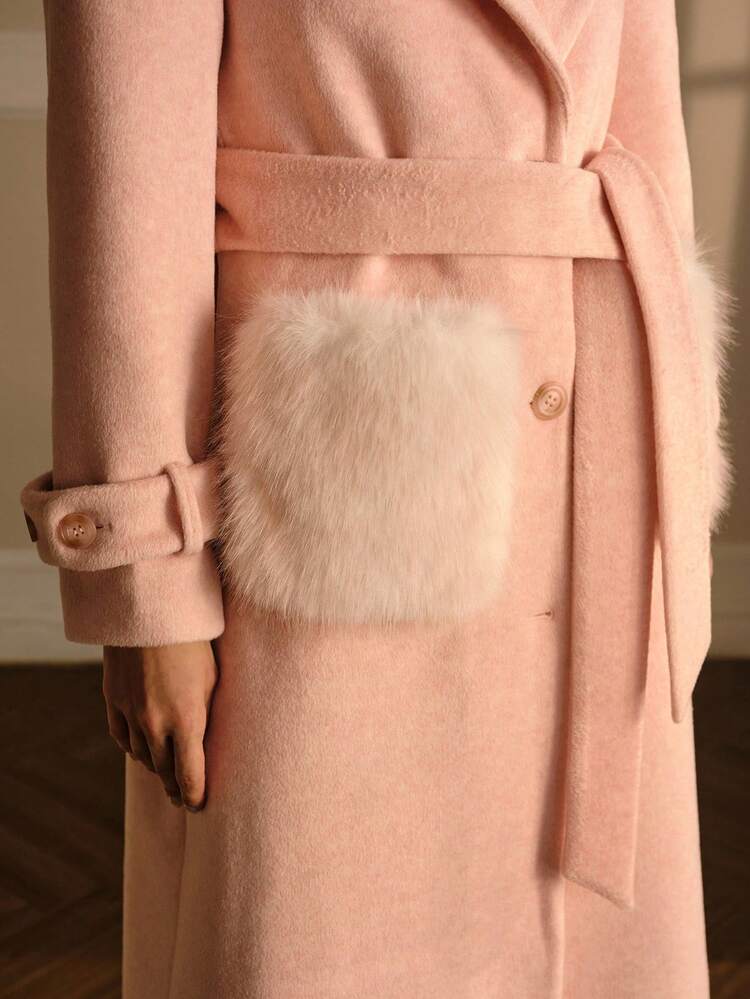 WOOL PEAK COLLAR WAIST CONTRAST FLUFFY POCKET OVERCOAT, MINIMALIST & ELEGANT