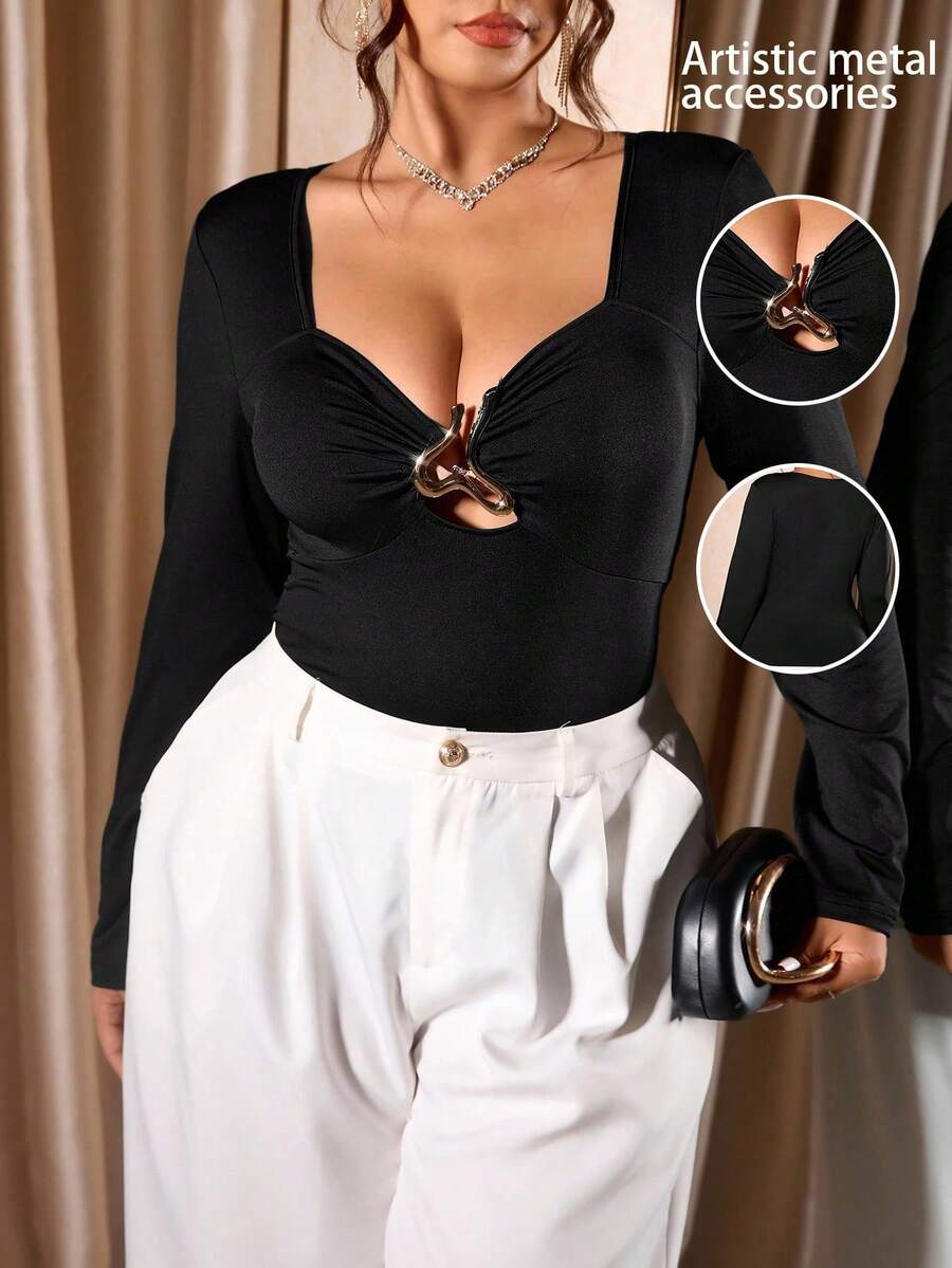 Cravure Christmas Plus Size Elegant Sexy Metal Buckle Long Sleeve T-Shirt Fall Cloth For Women - Black - View 1