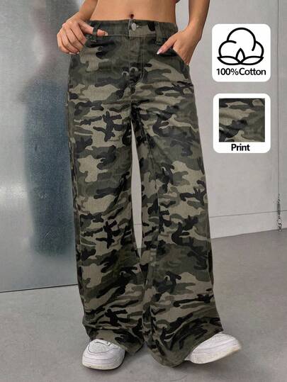 Jeansy dla nastolatek w stylu vintage z lat 90. z nadrukiem moro, luźne, swobodne, niskie, szerokie nogawki, Y2K, uniwersalne, dżinsowe, szorty nauczycielskie dla dziewczynek, stroje na powrót do szkoły dla dziewczynek, sukienki do kościoła, biznesowe, casualowe stroje dla dziewczynek, jeansowe sukienki cargo, luźne spodnie jesienno-zimowe dla dziewczynek, jeansy z wysokim stanem i długimi, szerokimi nogawkami i nadrukiem w panterkę dla nastolatek, brązowe jeansy z szerokimi nogawkami w kamuflażu dla nastolatek w stylu streetwear