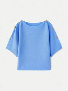 lacRébo Blusa holgada de punto con estilo kimono de manga corta en color azul cielo, con detalle de botón dorado en el hombro, para mujer en otoño e invierno