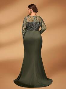 Serin Plus Size Autumn And Winter Elegant Gorgeous Luxury Green Sequin Embroidery Stitching Satin Long Sleeves Asymmetrical Pleated Shape Chest Design Slim Pleated Fishtail Hem Dress Suitable For Dinner Bachelorette Party Date Dance Holiday Wedding Event Mother Of The Bride Dress Evening Dress, Valentine's Day - Green - View 5