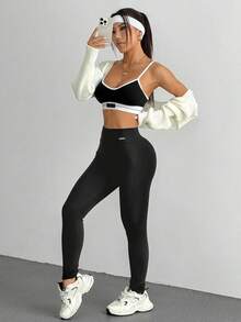 DAZY 高腰保暖内衬修身户外紧身裤，秋季打底裤 - 黑色 - 查看 5