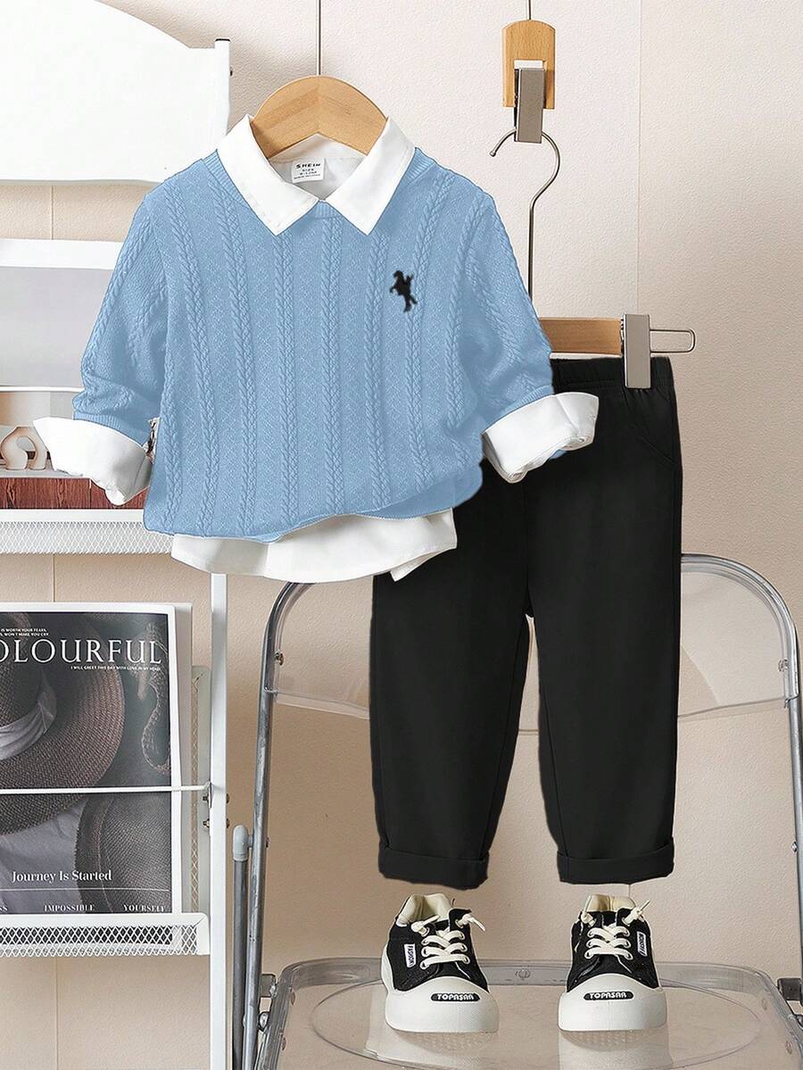 2pcs/Set Boys Outfit, Top: Textured Navy Blue Knit Sweater With Red Embroidered Graphic On Left Chest, Bottom: Khaki Pants, Suitable For Commute, School, Casual Everyday Wear, Spring/Summer, Back To School Season Fall Winter Kids Long Sleeve Shirt Pants Set Baby Boy Casual Set Baby Boy Outfit