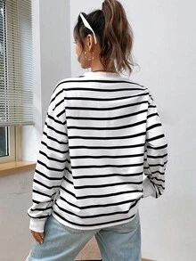 SHEIN EZwear Spring White Striped Print Drop Shoulder Sweatshirt Hoodie Graduation,Back To School Outfits,Graduation,Teacher Outfits For Women,Back To School In Fall/Winter - Black and White - View 2