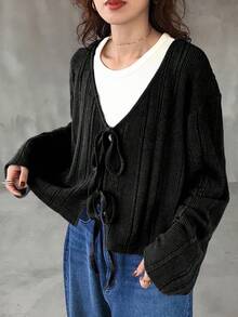 FRIFUL Pull ample en tricot pour femmes, couleur unie, à manches longues et à lacets. Pull fin en tricot, Top en tricot avec nœud. - Noir - Voir 3